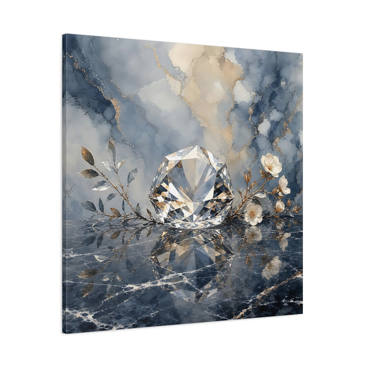 Side Mockup 1. Floral Diamond Blue Gold Diamond shown as stretched canvas wall art