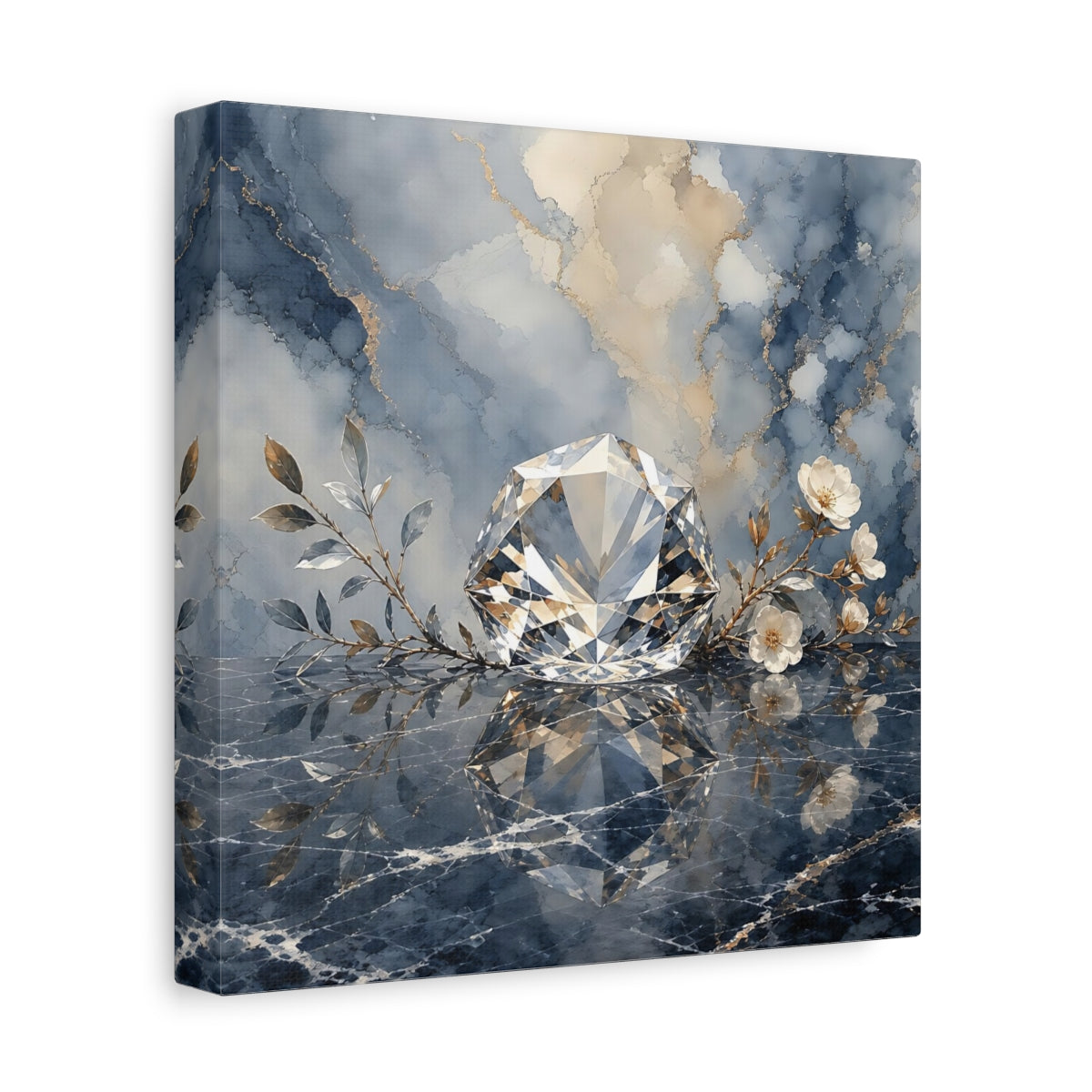 Side Mockup 9. Floral Diamond Blue Gold Diamond shown as stretched canvas wall art