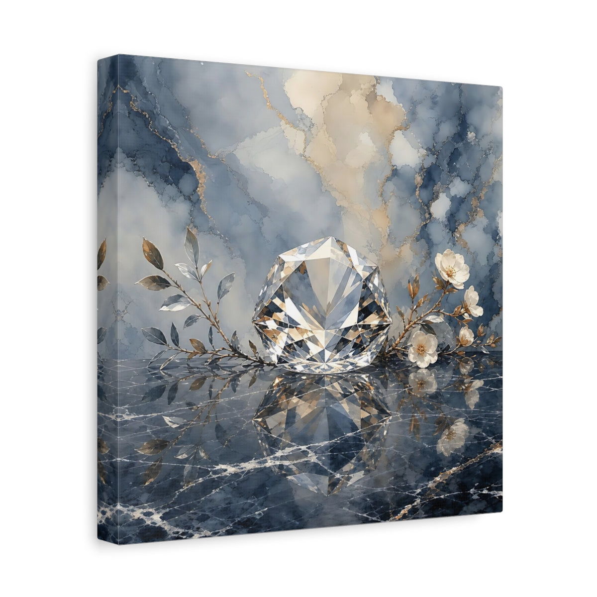 Side Mockup 8. Floral Diamond Blue Gold Diamond shown as stretched canvas wall art