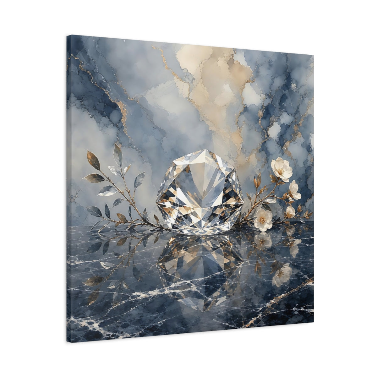 Side Mockup 3. Floral Diamond Blue Gold Diamond shown as stretched canvas wall art