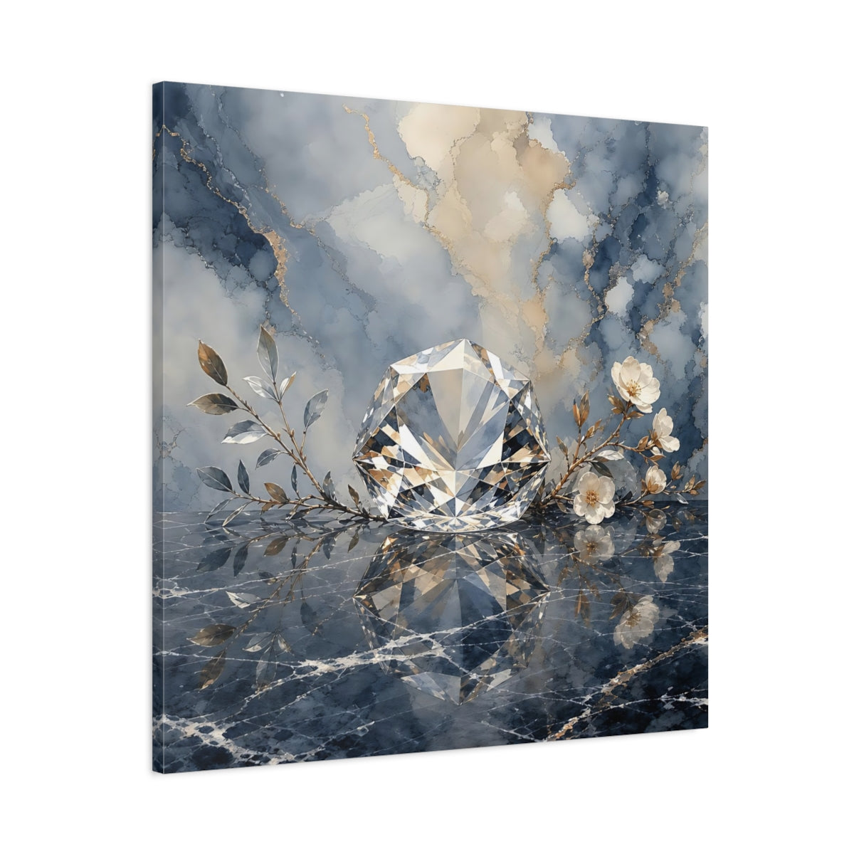 Main Mockup. Floral Diamond Blue Gold Diamond shown as stretched canvas wall art