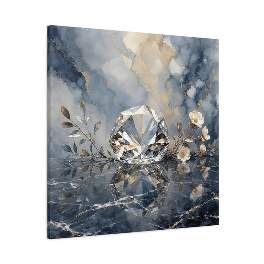 Main Mockup. Floral Diamond Blue Gold Diamond shown as stretched canvas wall art