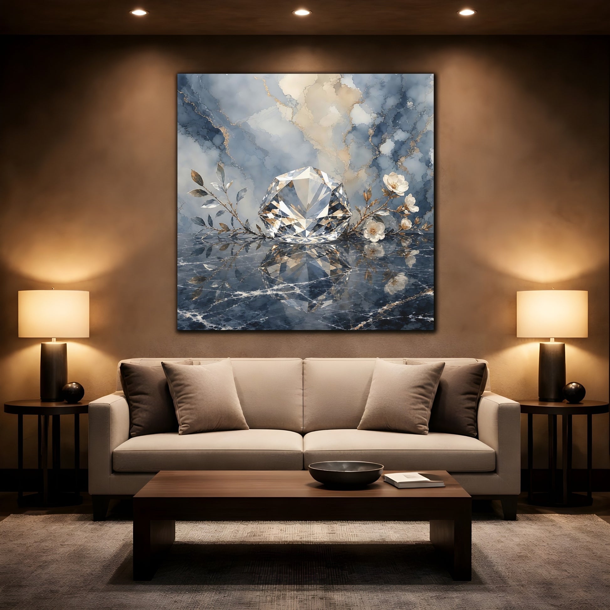 Mockup 2. Floral Diamond Blue Gold Diamond shown as stretched canvas wall art