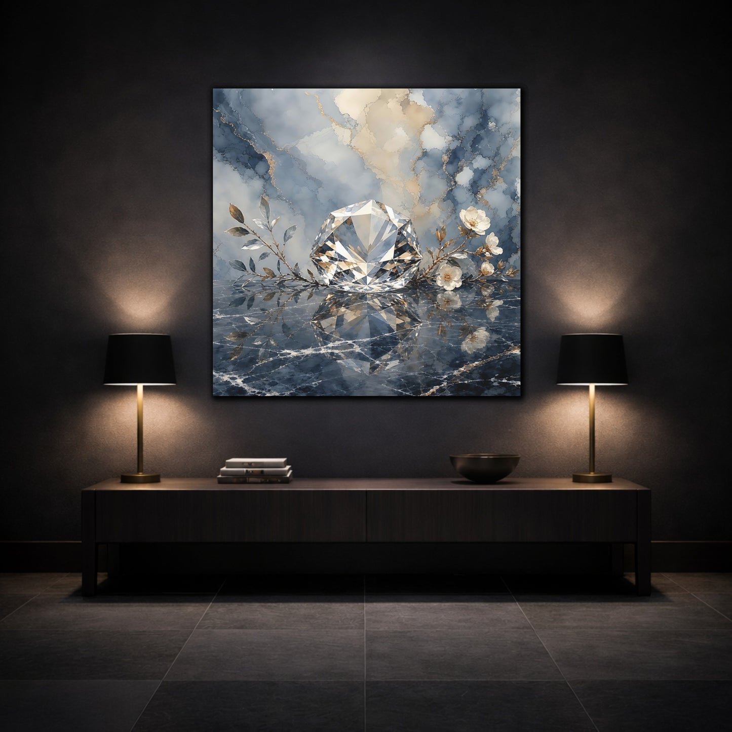 Mockup 3. Floral Diamond Blue Gold Diamond shown as stretched canvas wall art