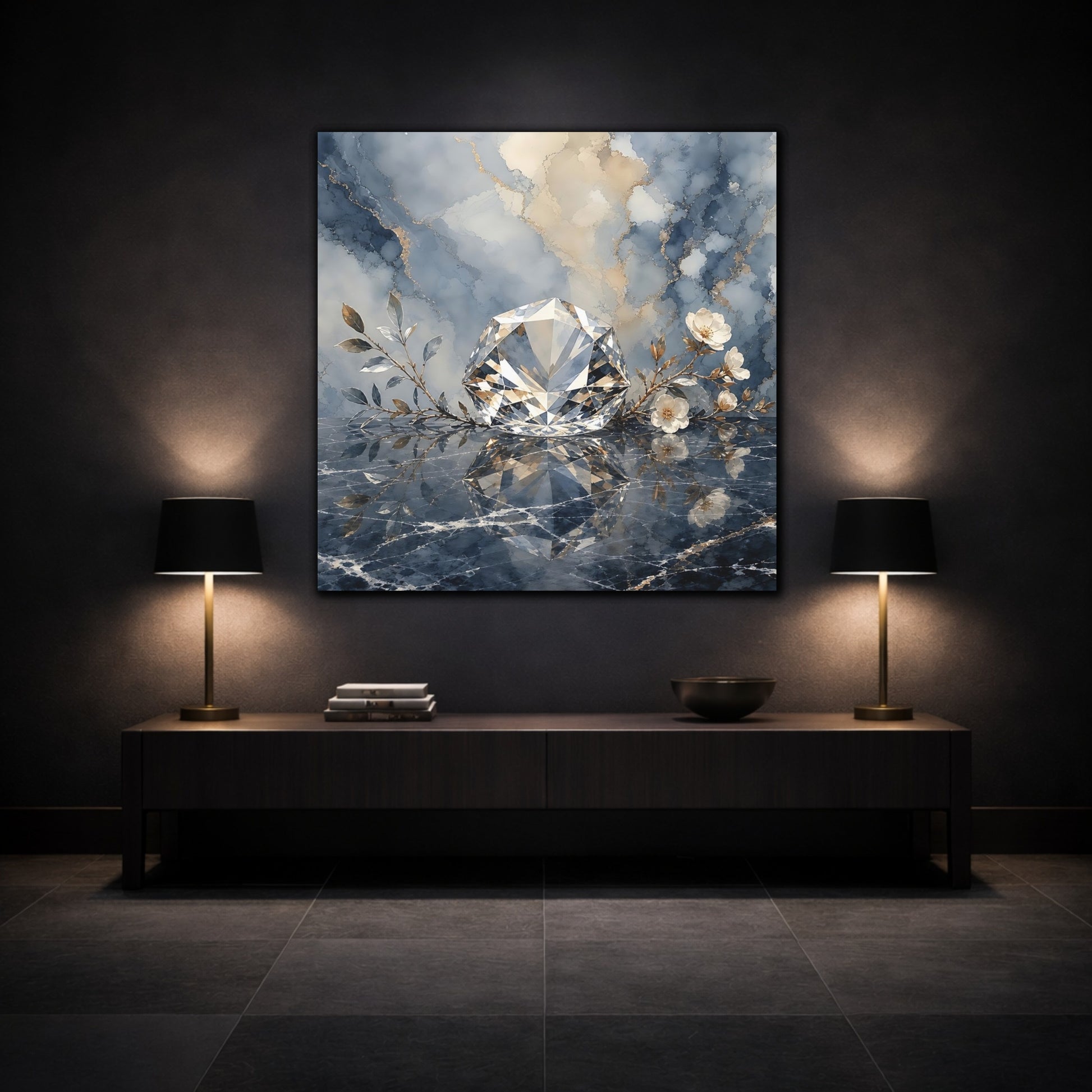 Mockup 3. Floral Diamond Blue Gold Diamond shown as stretched canvas wall art