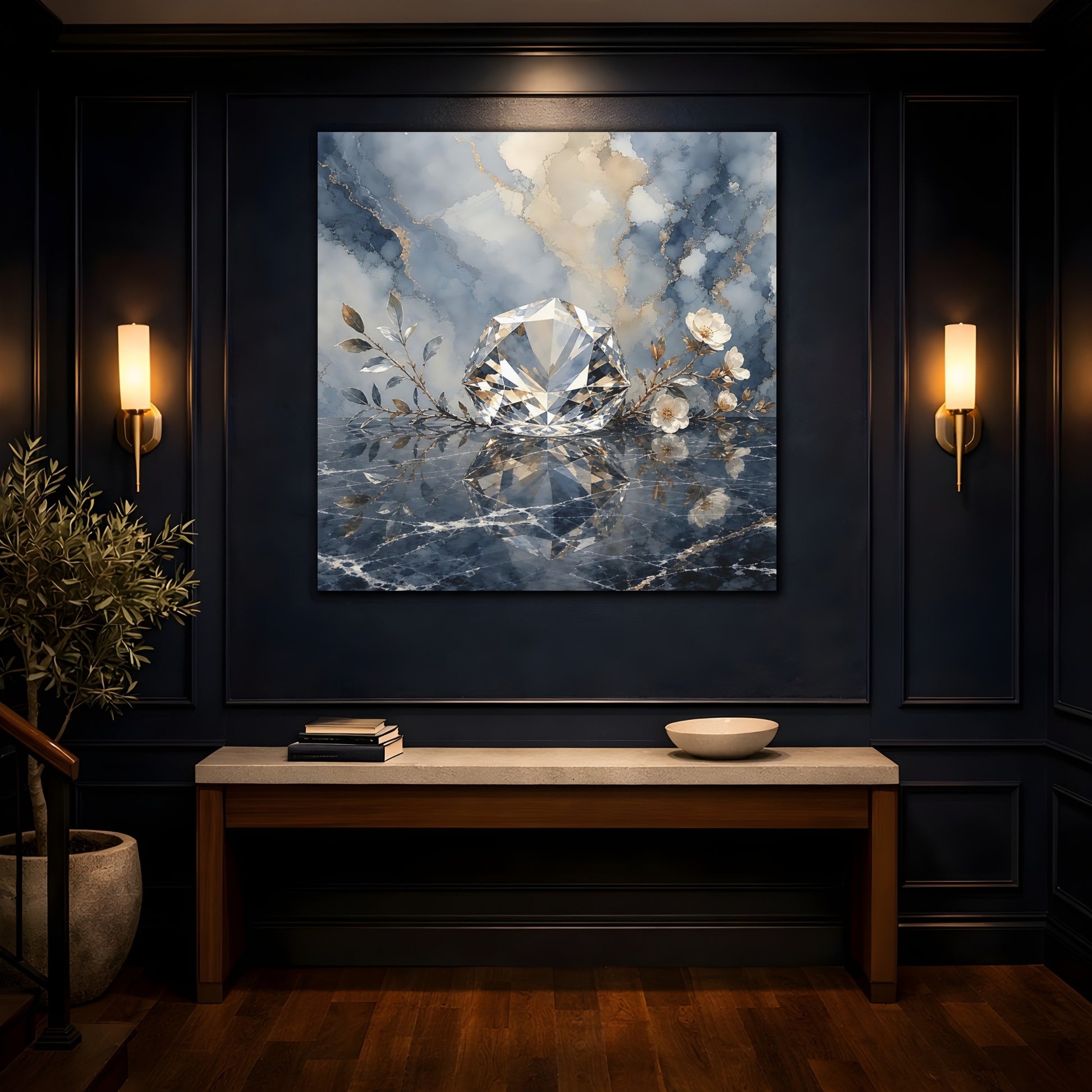 Mockup 4. Floral Diamond Blue Gold Diamond shown as stretched canvas wall art