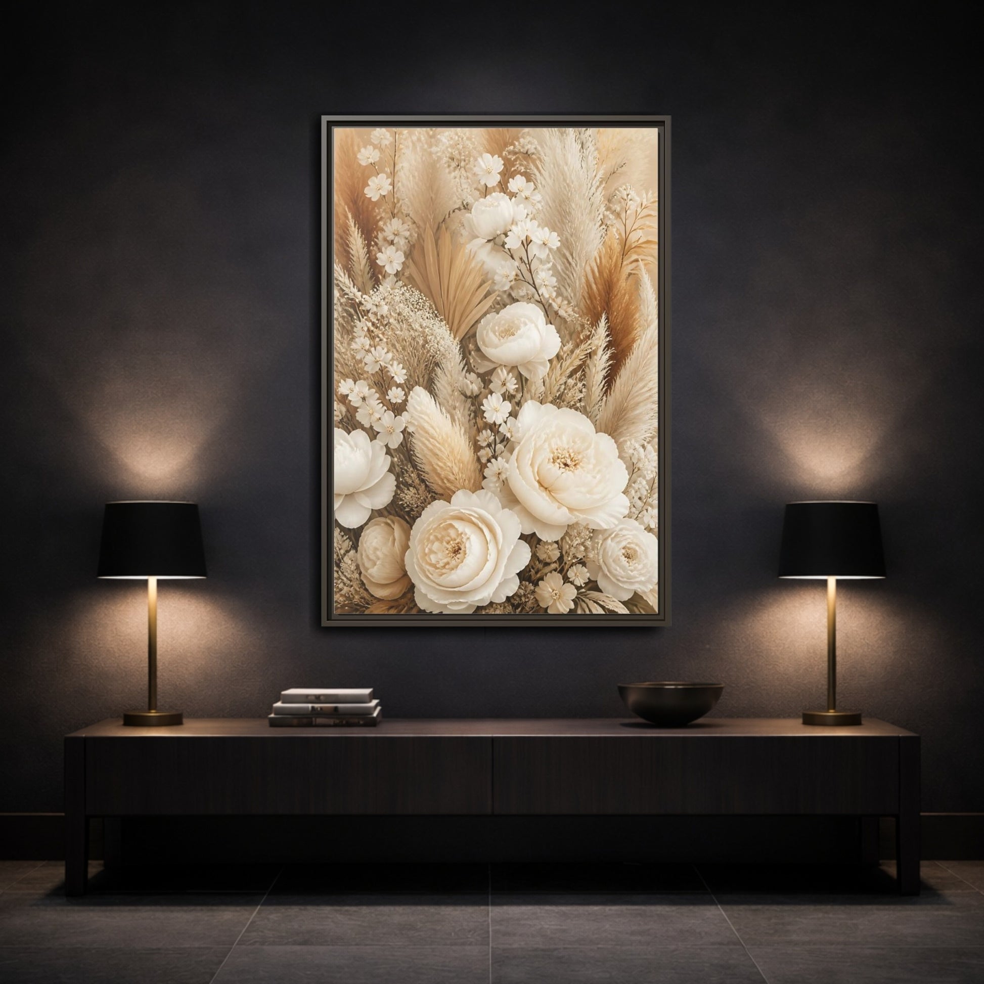 Mockup 3. Floral Dried Flowers Cream And Beige Floral shown as framed canvas print