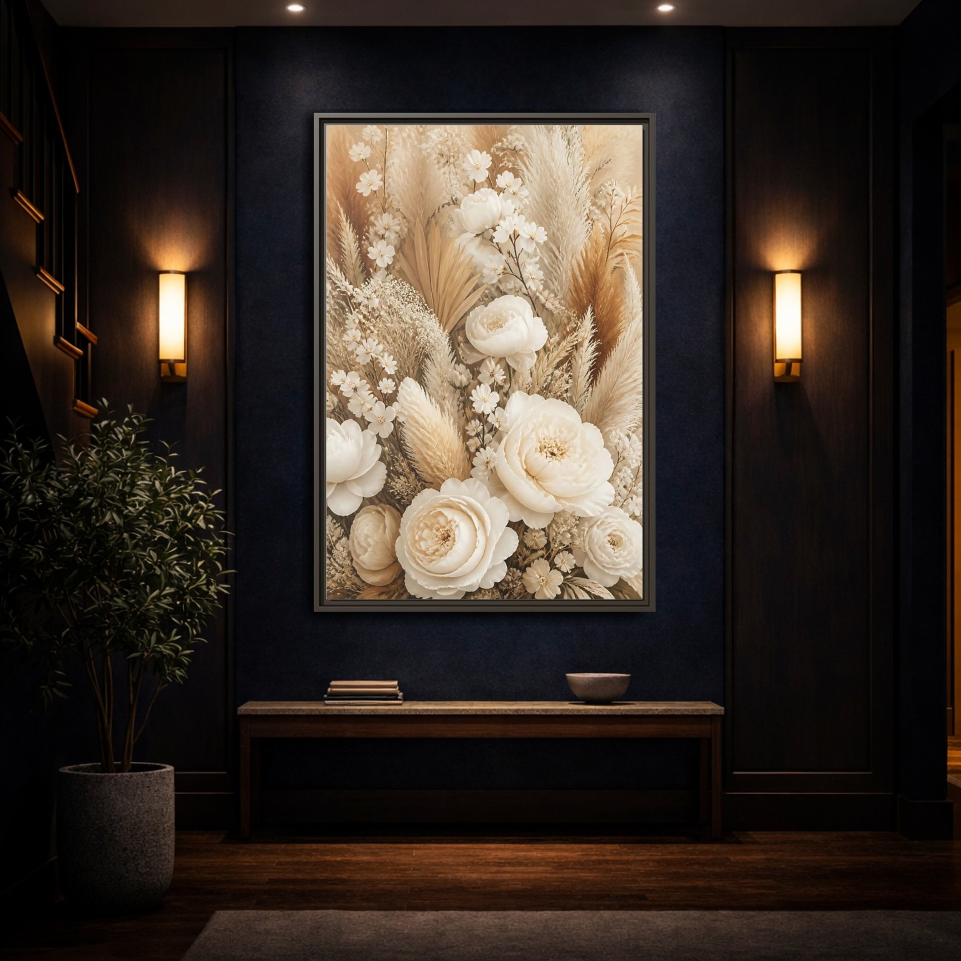 Mockup 4. Floral Dried Flowers Cream And Beige Floral shown as framed canvas print