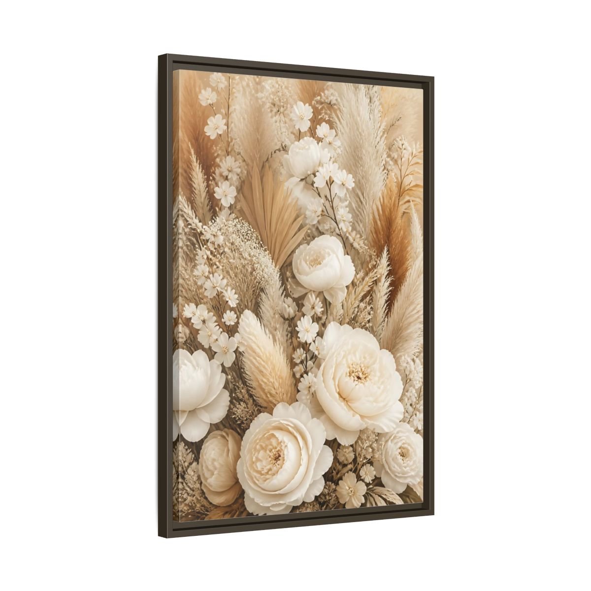Floral Dried Flowers Cream And Beige Framed Canvas Print – Living Room, Above Sofa - YesArtYes