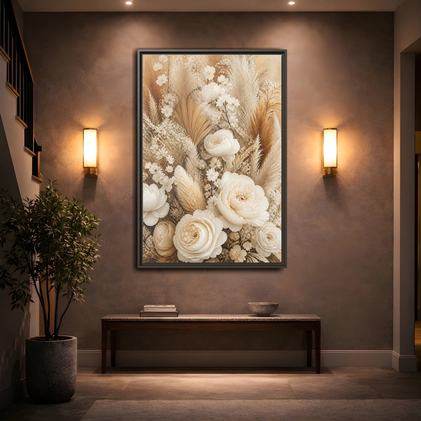 Floral Dried Flowers Cream And Beige Framed Canvas Print – Living Room, Above Sofa - YesArtYes