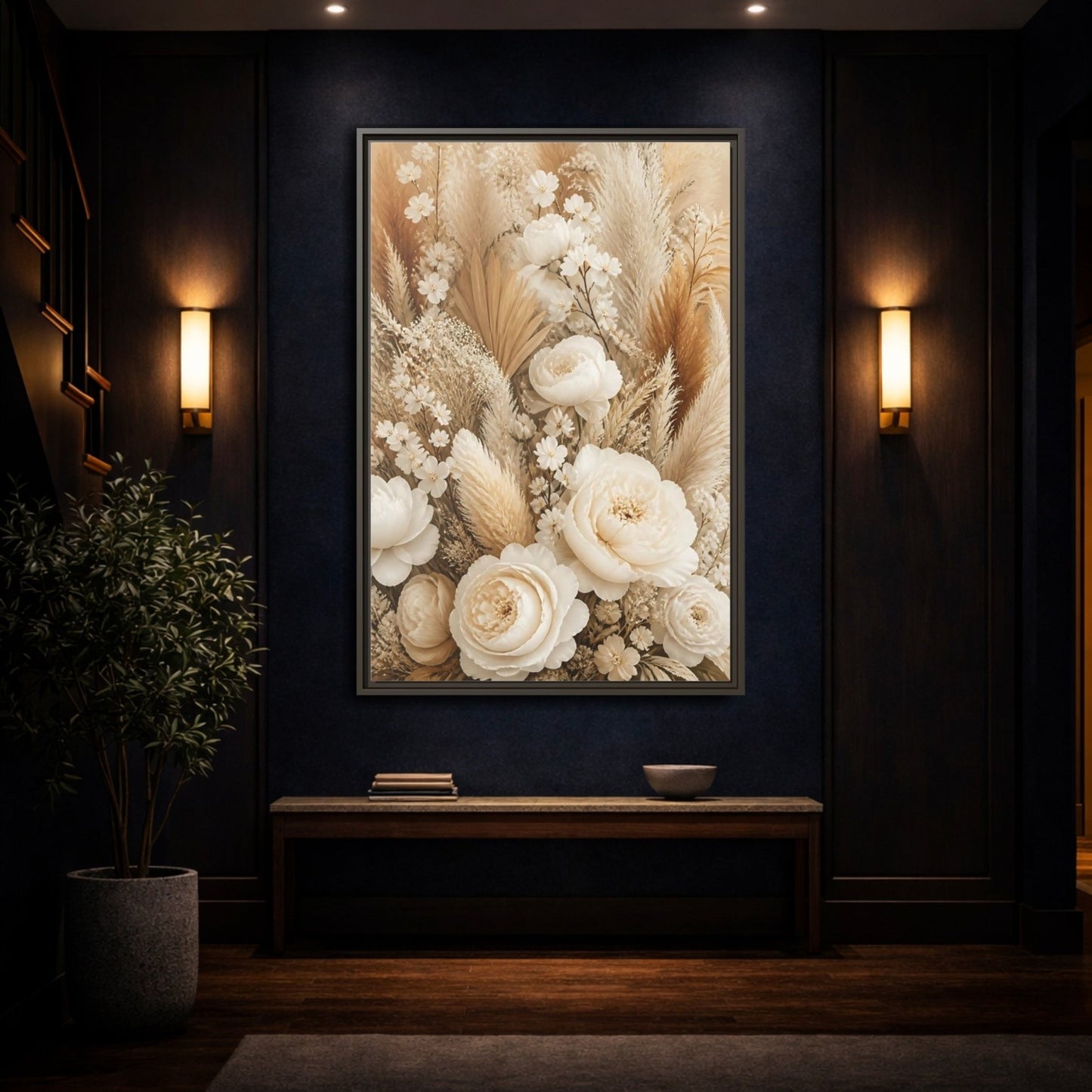 Floral Dried Flowers Cream And Beige Framed Canvas Print – Living Room, Above Sofa - YesArtYes