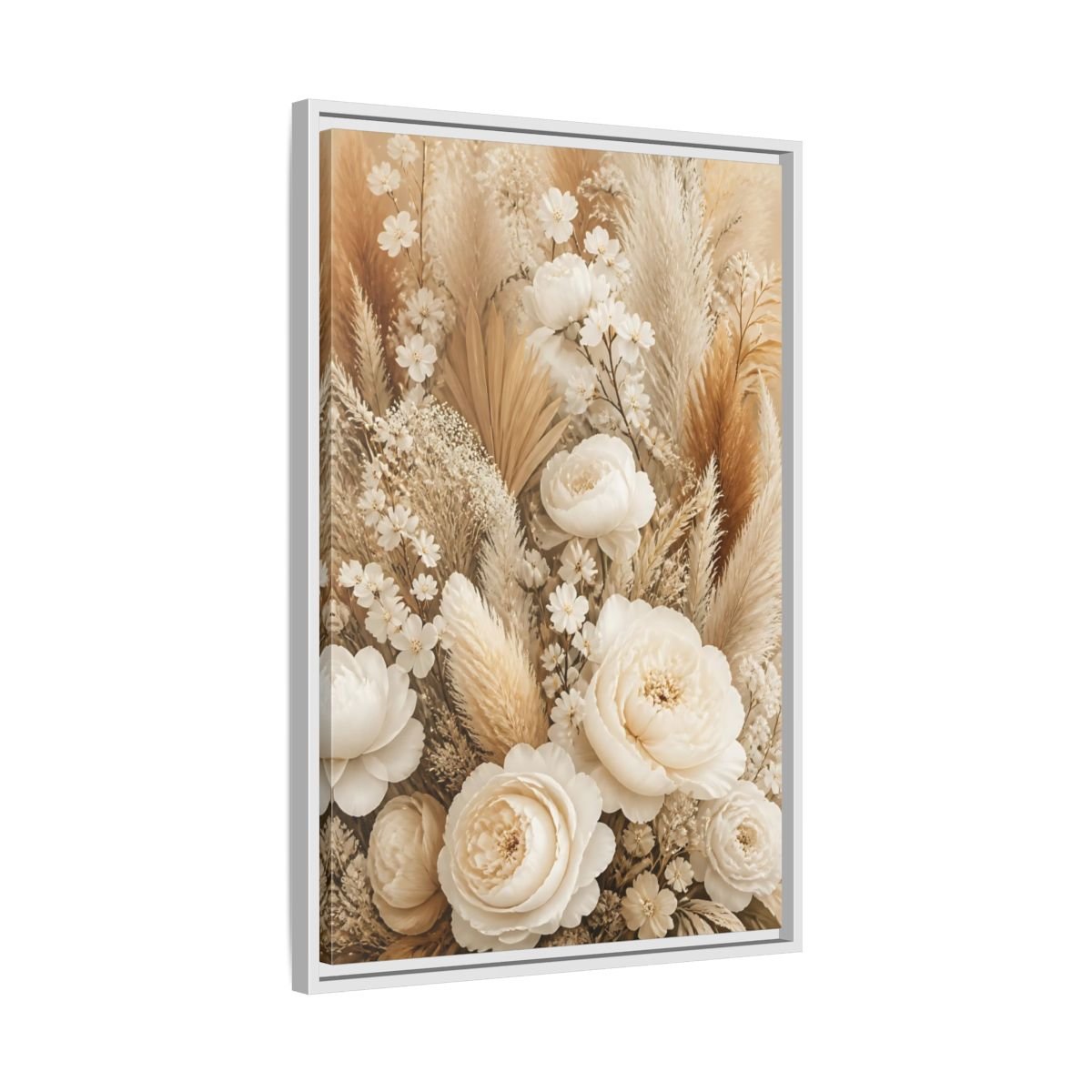 Floral Dried Flowers Cream And Beige Framed Canvas Print – Living Room, Above Sofa - YesArtYes