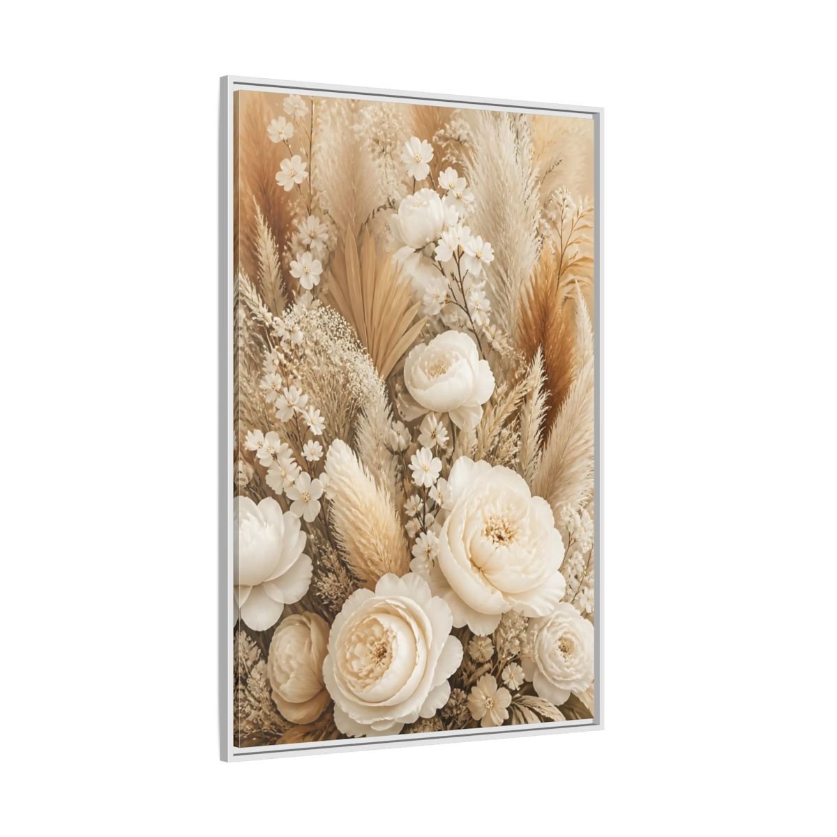 Floral Dried Flowers Cream And Beige Framed Canvas Print – Living Room, Above Sofa - YesArtYes