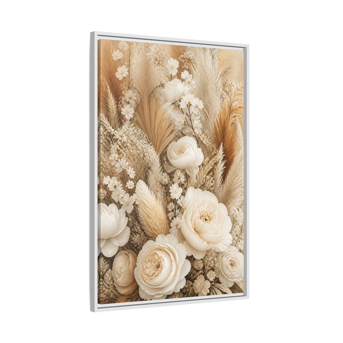 Floral Dried Flowers Cream And Beige Framed Canvas Print – Living Room, Above Sofa - YesArtYes