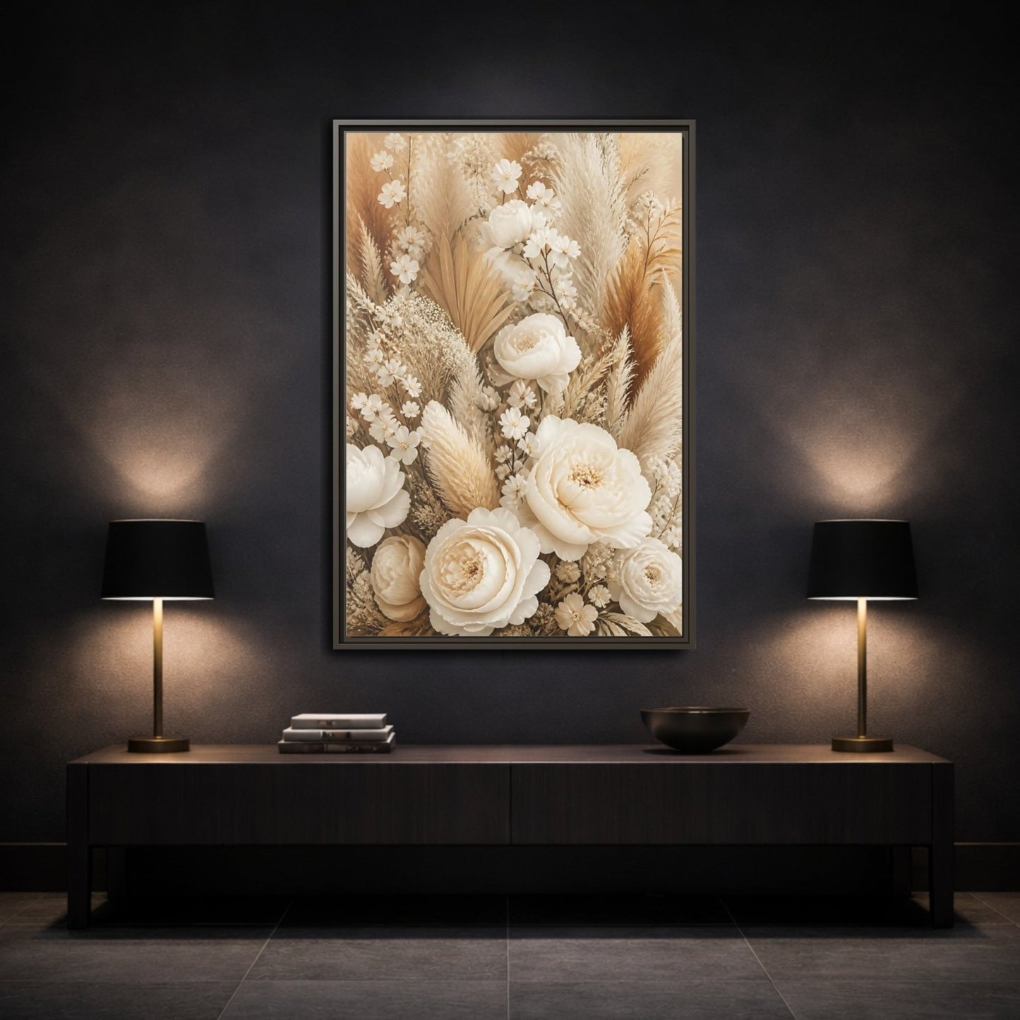Floral Dried Flowers Cream And Beige Framed Canvas Print – Living Room, Above Sofa - YesArtYes