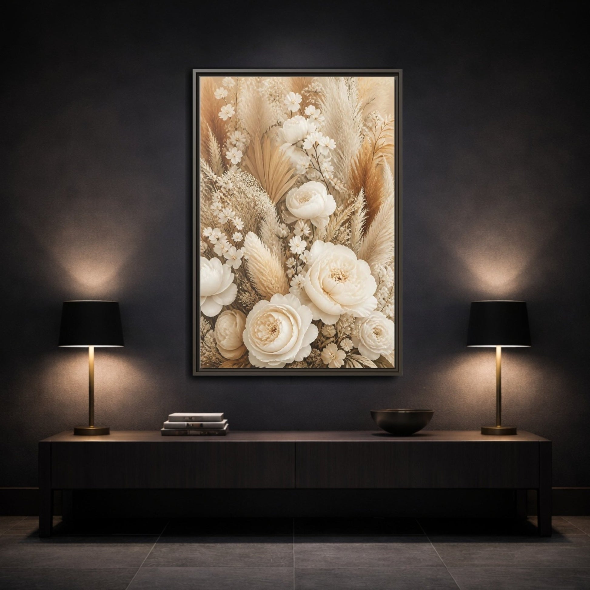Floral Dried Flowers Cream And Beige Framed Canvas Print – Living Room, Above Sofa - YesArtYes