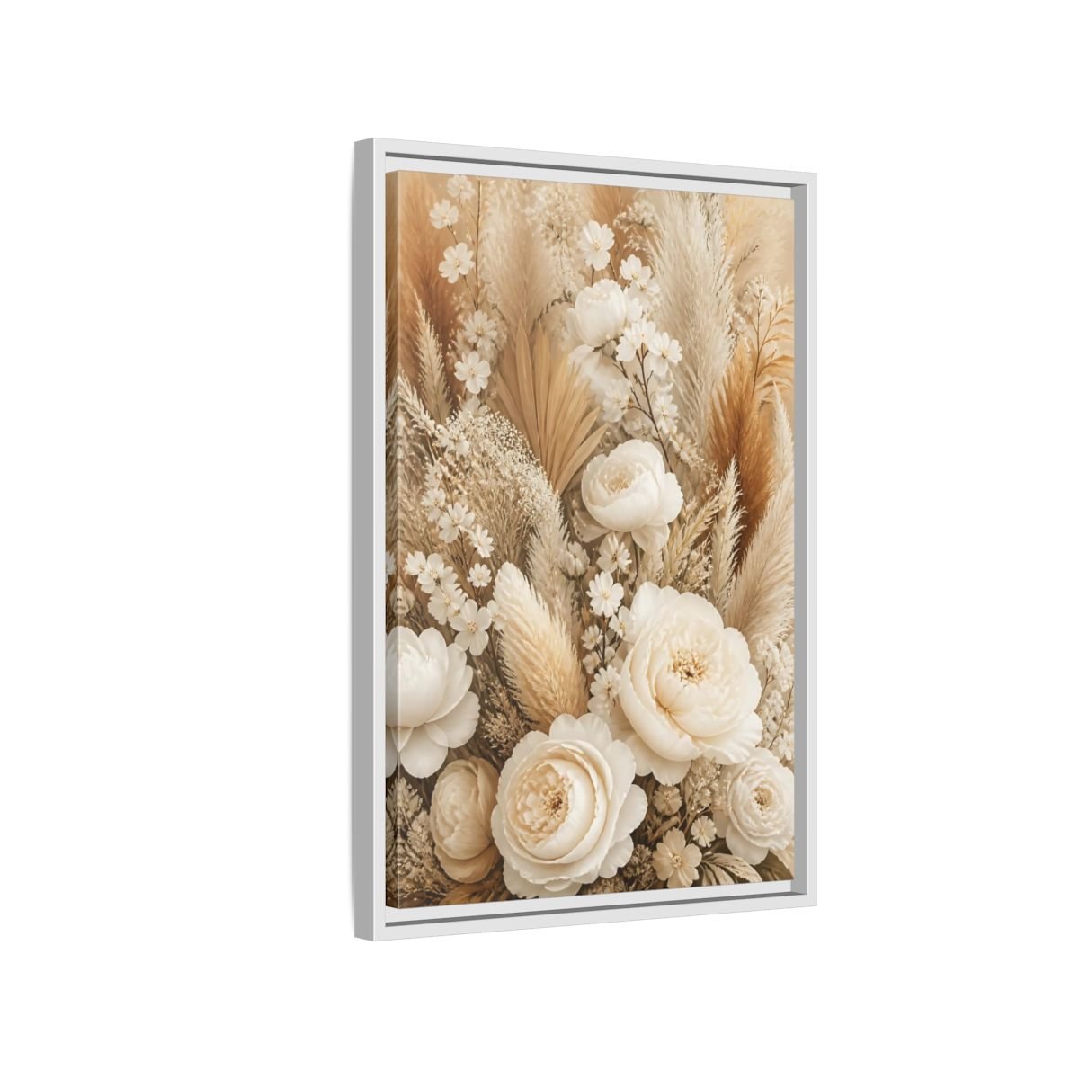 Floral Dried Flowers Cream And Beige Framed Canvas Print – Living Room, Above Sofa - YesArtYes