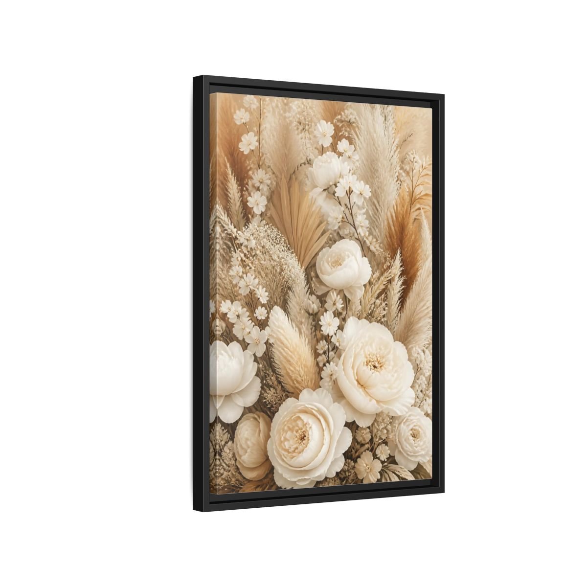 Floral Dried Flowers Cream And Beige Framed Canvas Print – Living Room, Above Sofa - YesArtYes