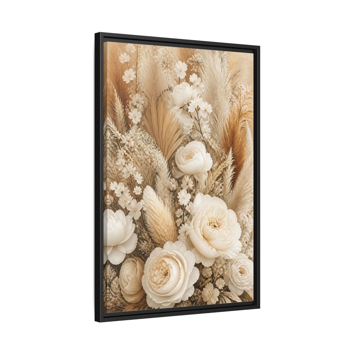 Floral Dried Flowers Cream And Beige Framed Canvas Print – Living Room, Above Sofa - YesArtYes