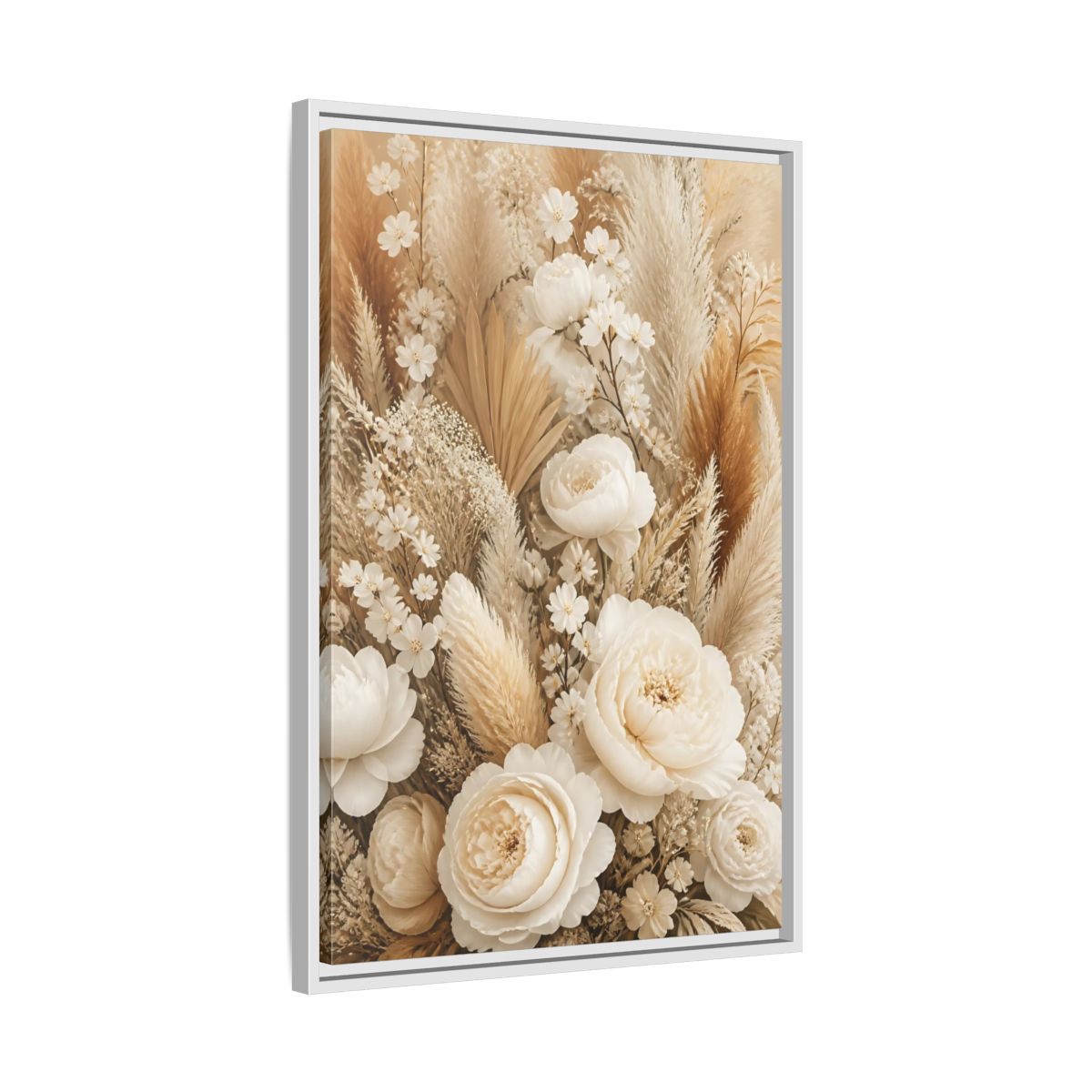 Side Mockup 10. Floral Dried Flowers Cream And Beige Floral shown as framed canvas print
