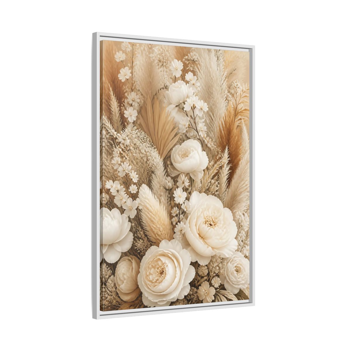 Side Mockup 9. Floral Dried Flowers Cream And Beige Floral shown as framed canvas print