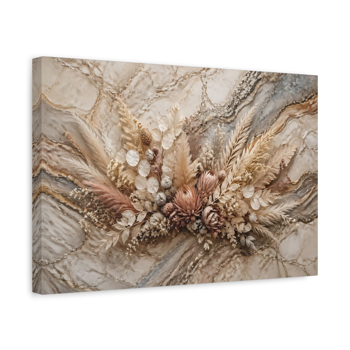 Side Mockup 4. Floral Dried Flowers Neutral Dried Flowers shown as stretched canvas wall art