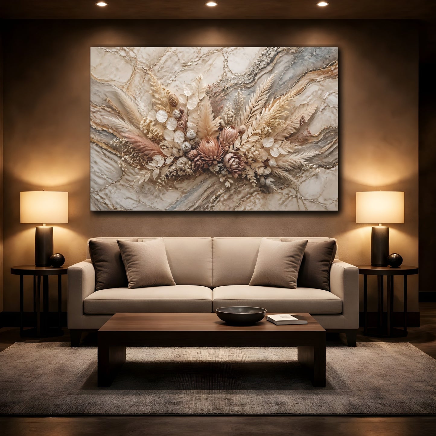 Mockup 2. Floral Dried Flowers Neutral Dried Flowers shown as stretched canvas wall art