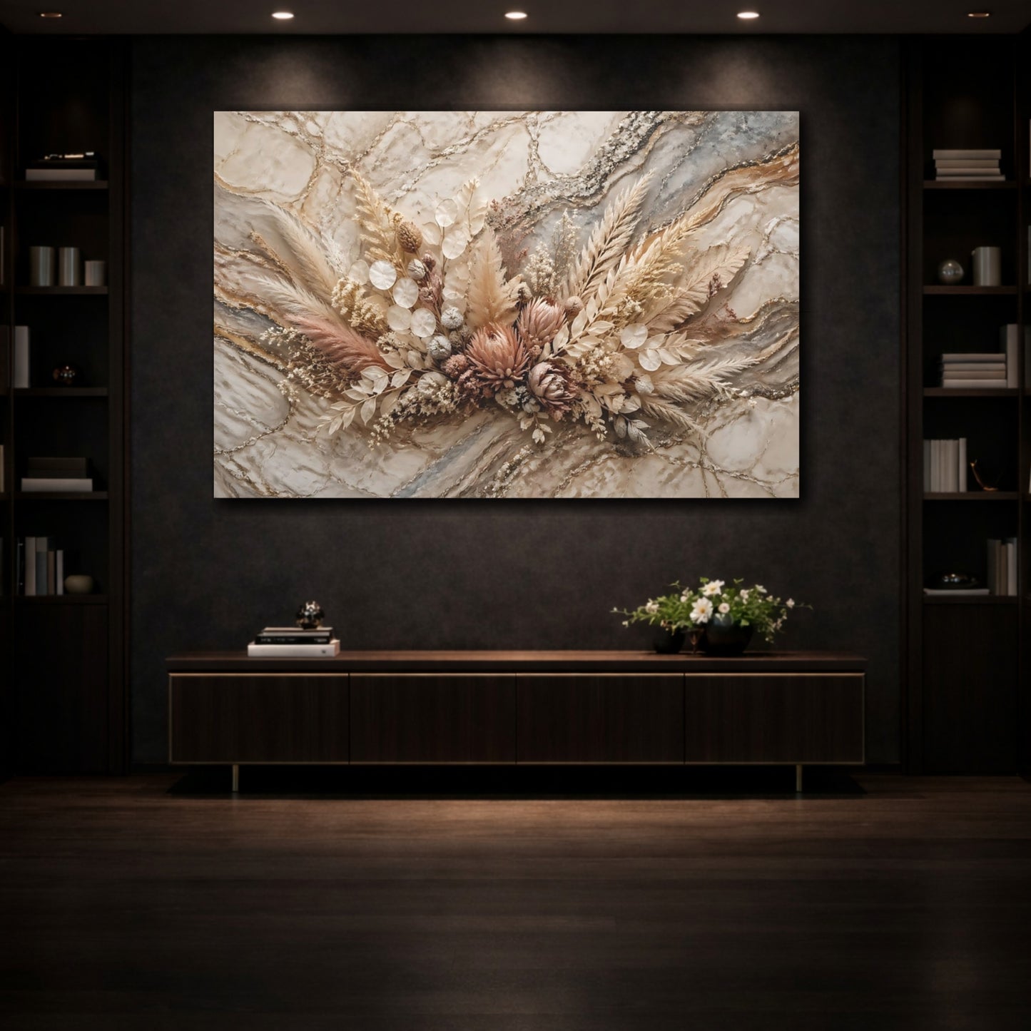 Mockup 3. Floral Dried Flowers Neutral Dried Flowers shown as stretched canvas wall art