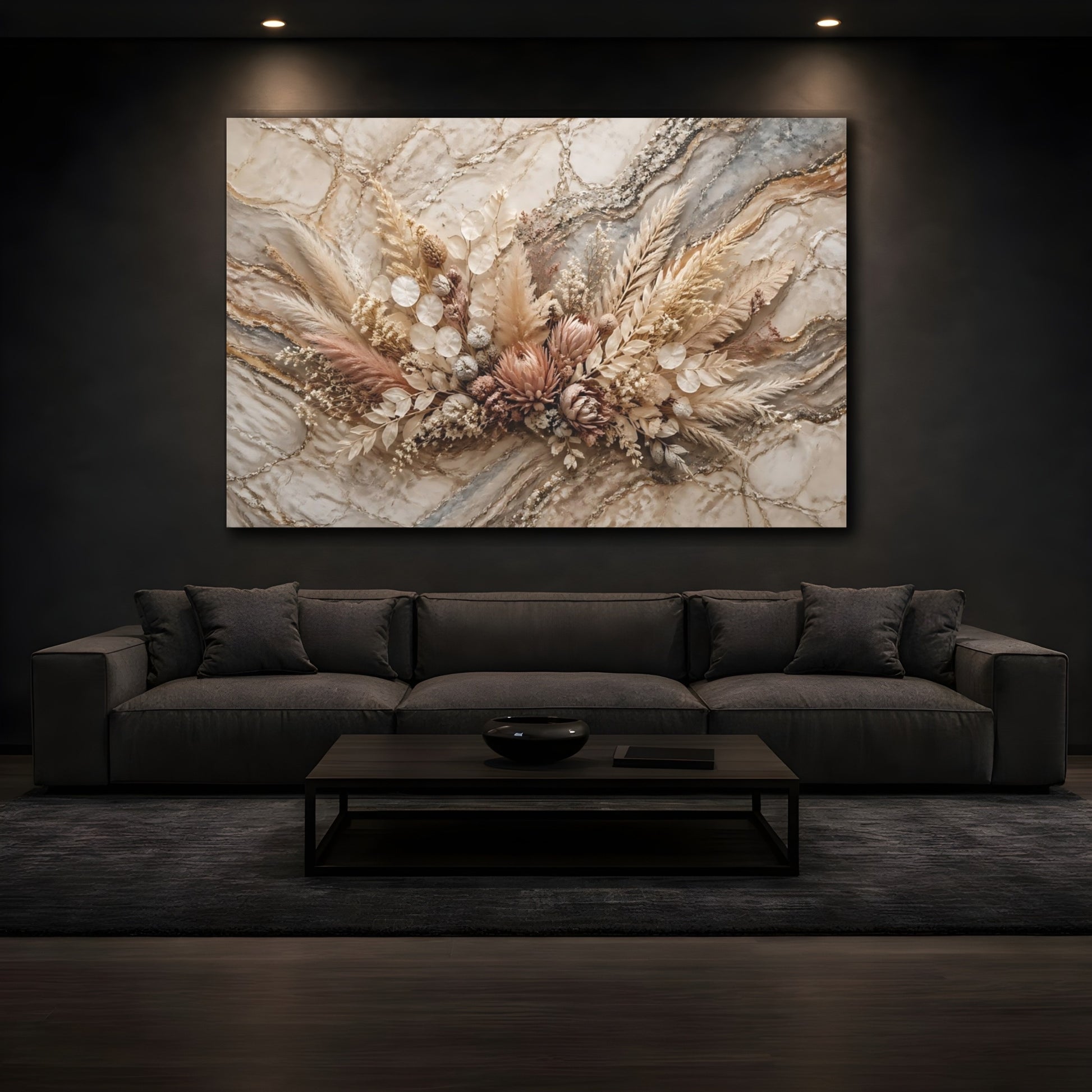 Mockup 4. Floral Dried Flowers Neutral Dried Flowers shown as stretched canvas wall art