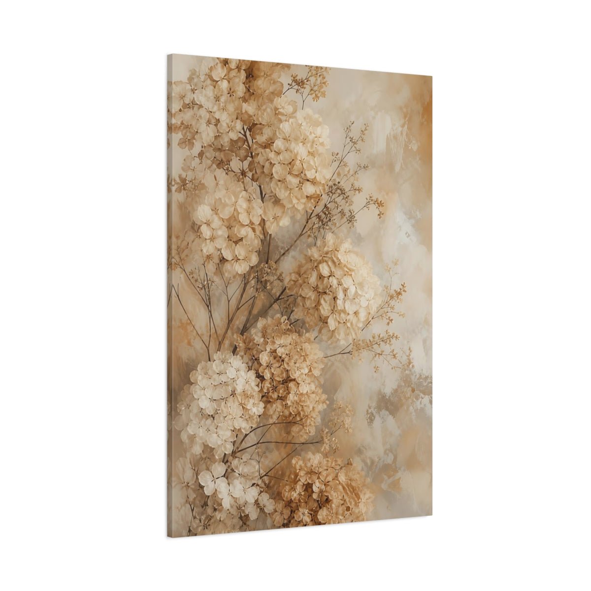 Floral Dried Hydrangeas Beige Canvas Print Wall Art – modern botanical Living Room, Above Couch - YesArtYes