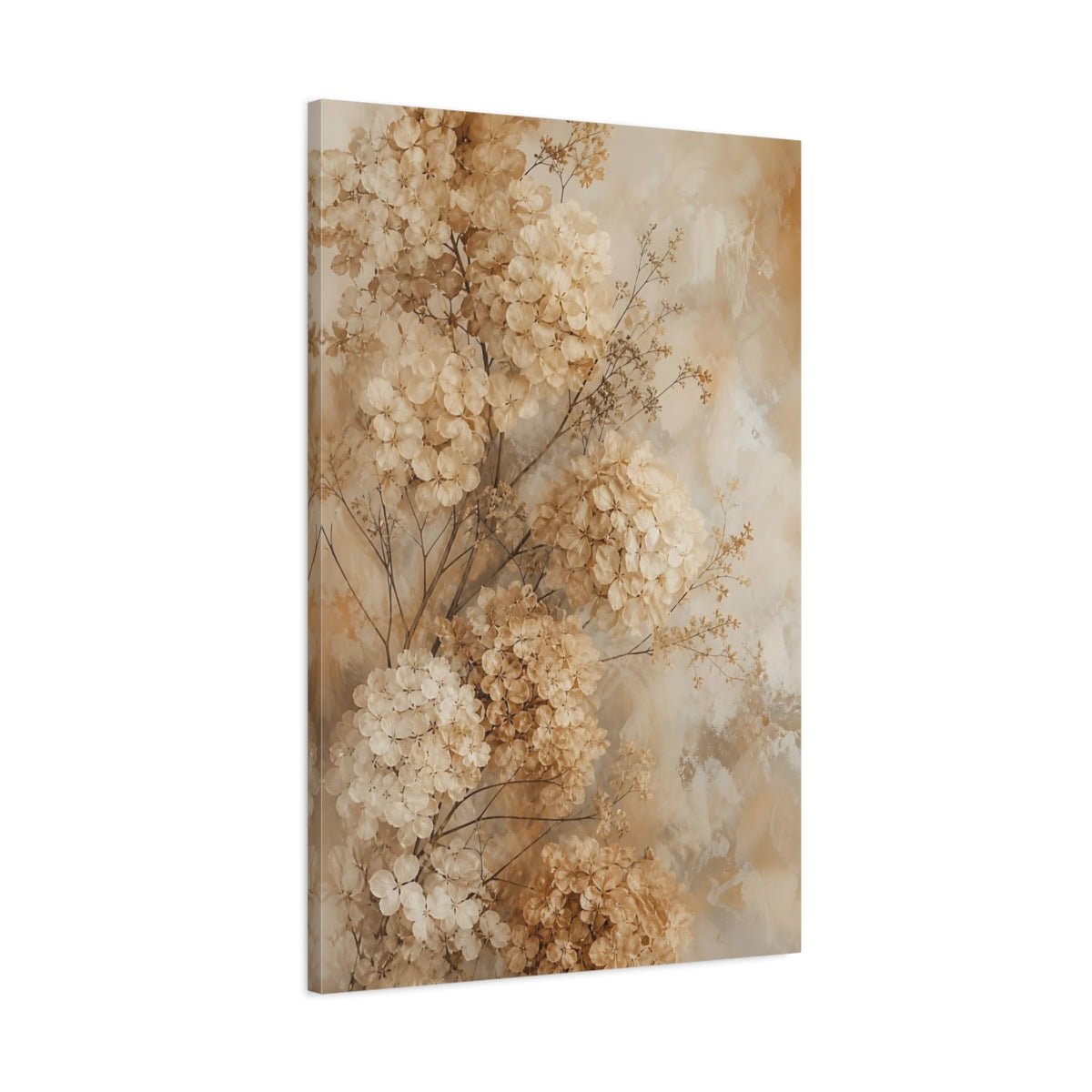 Floral Dried Hydrangeas Beige Canvas Print Wall Art – modern botanical Living Room, Above Couch - YesArtYes