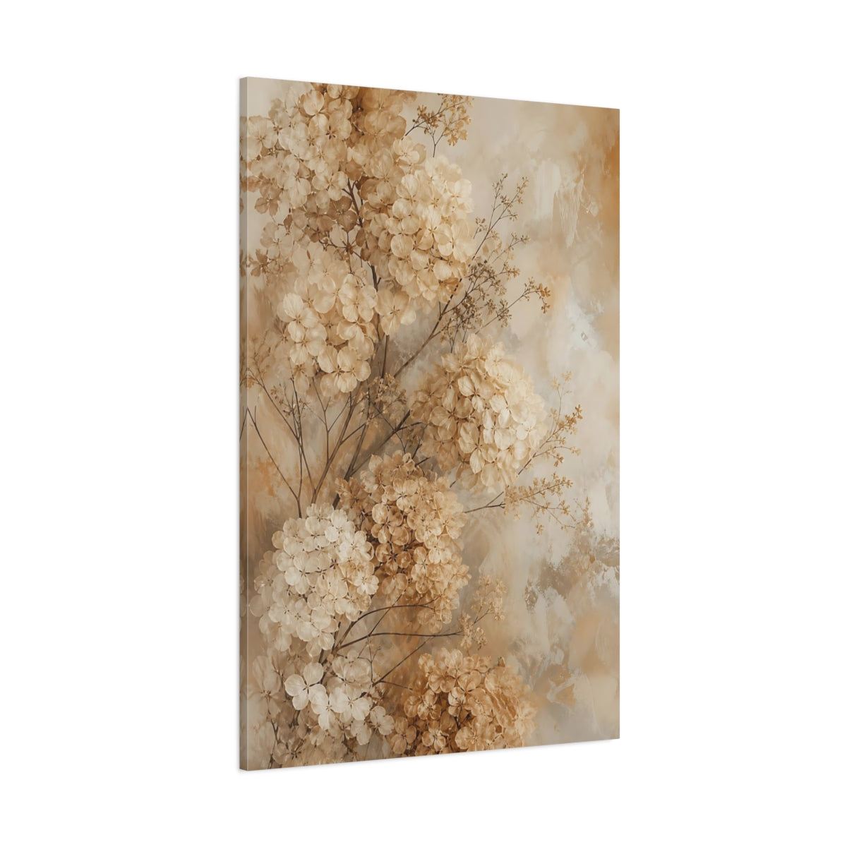 Side Mockup 1. Floral Dried Hydrangeas Beige Hydrangea Floral shown as canvas print