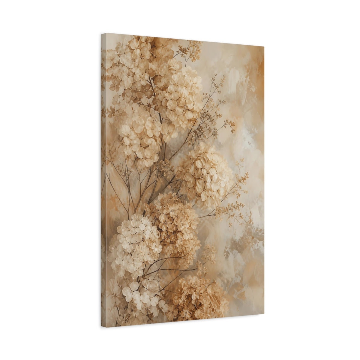 Side Mockup 2. Floral Dried Hydrangeas Beige Hydrangea Floral shown as canvas print