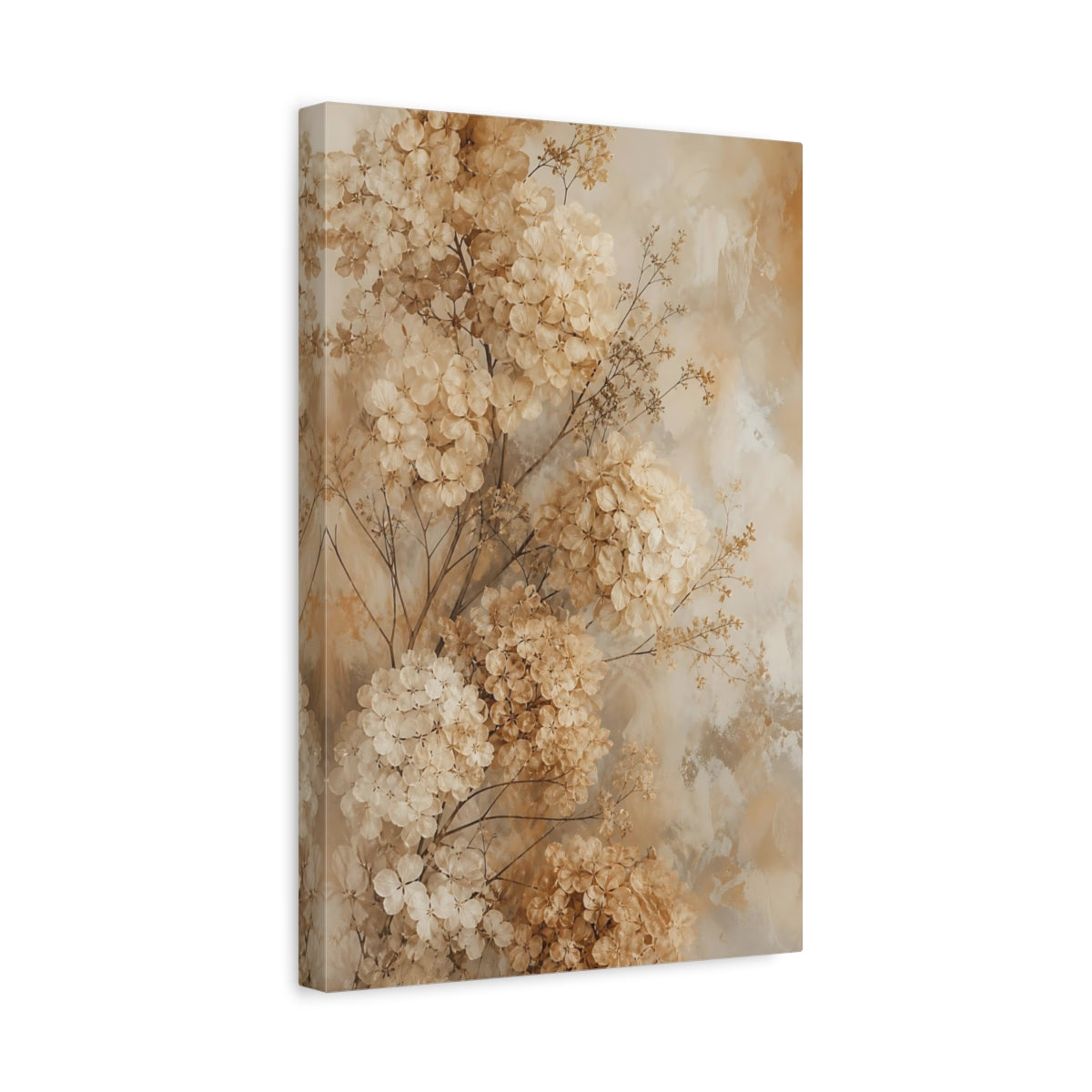 Side Mockup 4. Floral Dried Hydrangeas Beige Hydrangea Floral shown as canvas print