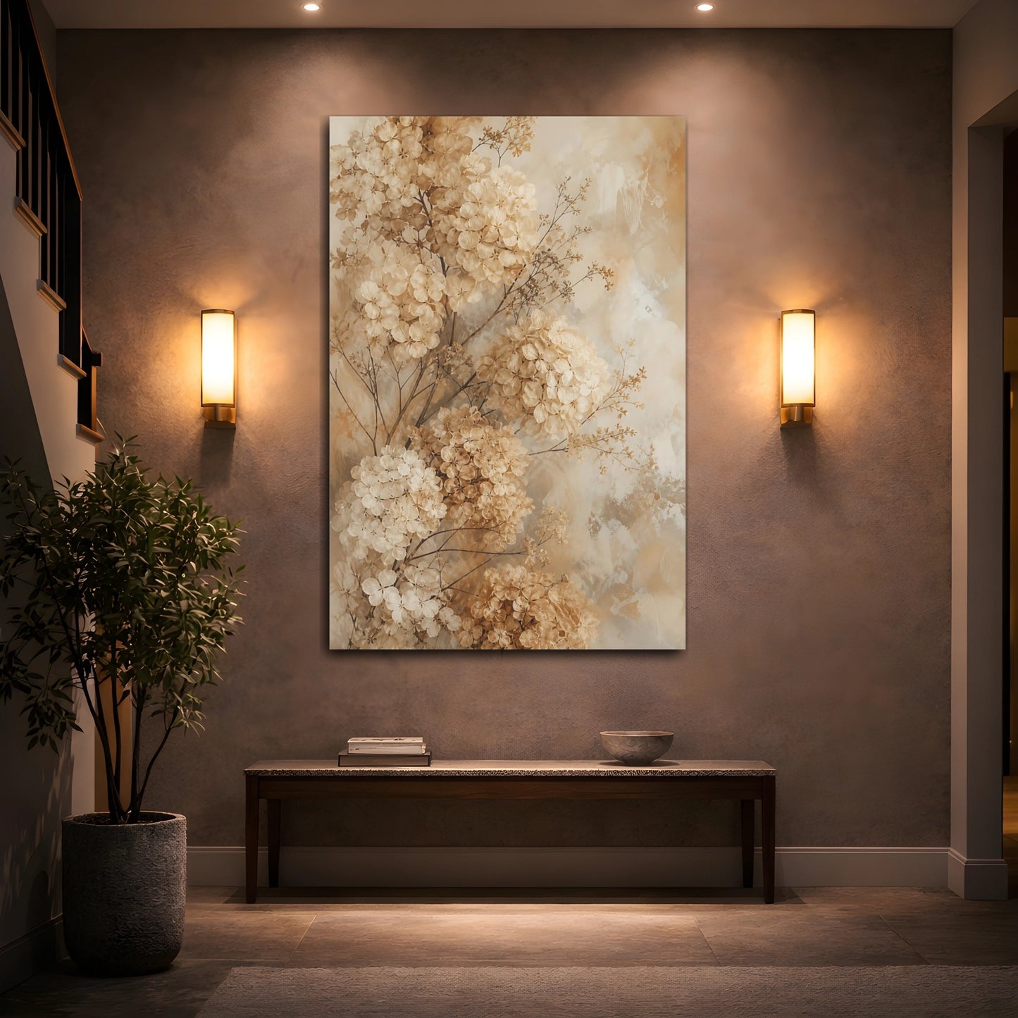 Mockup 2. Floral Dried Hydrangeas Beige Hydrangea Floral shown as canvas print