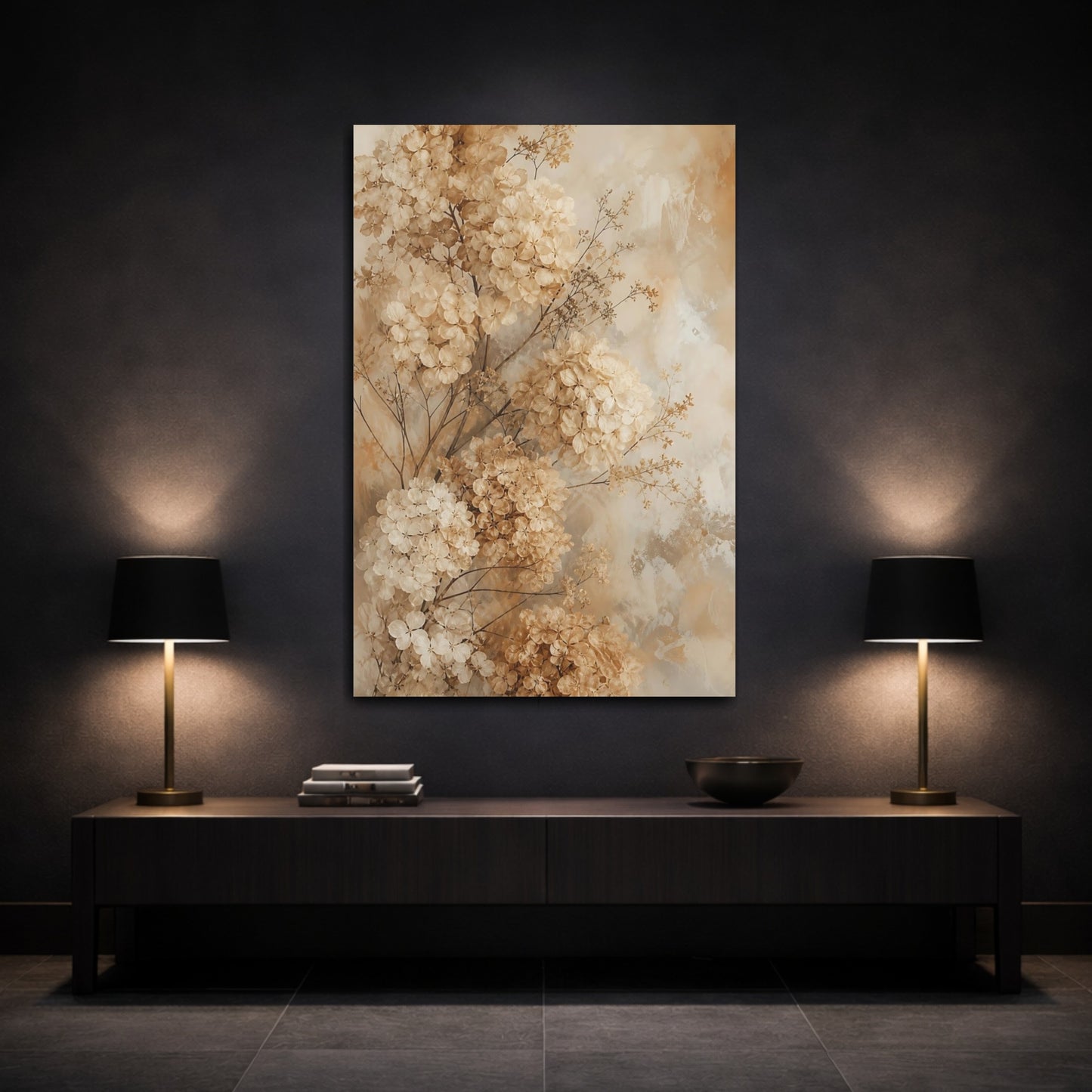 Mockup 3. Floral Dried Hydrangeas Beige Hydrangea Floral shown as canvas print