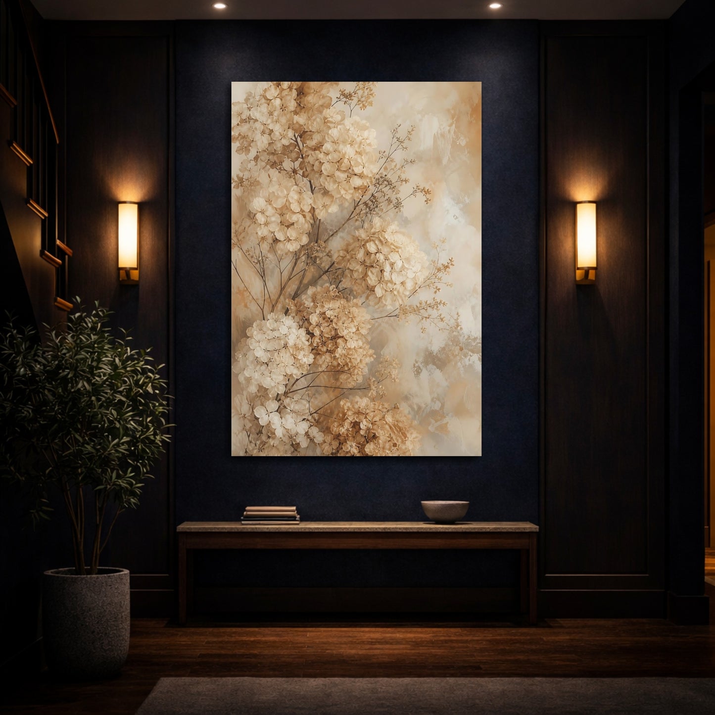 Mockup 4. Floral Dried Hydrangeas Beige Hydrangea Floral shown as canvas print