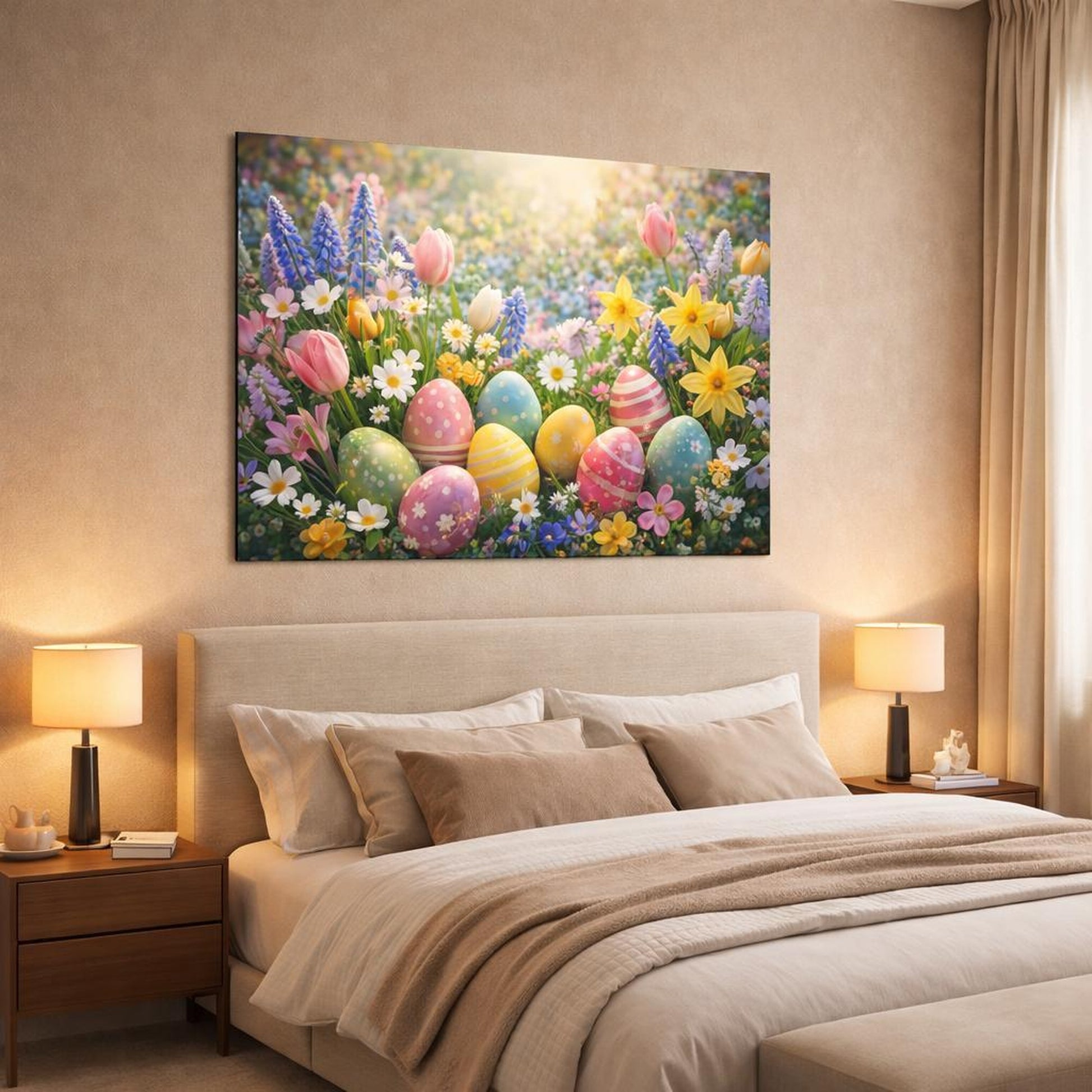 Floral Easter Eggs Colorful Easter Spring shown as canvas wall art in a luxury bedroom