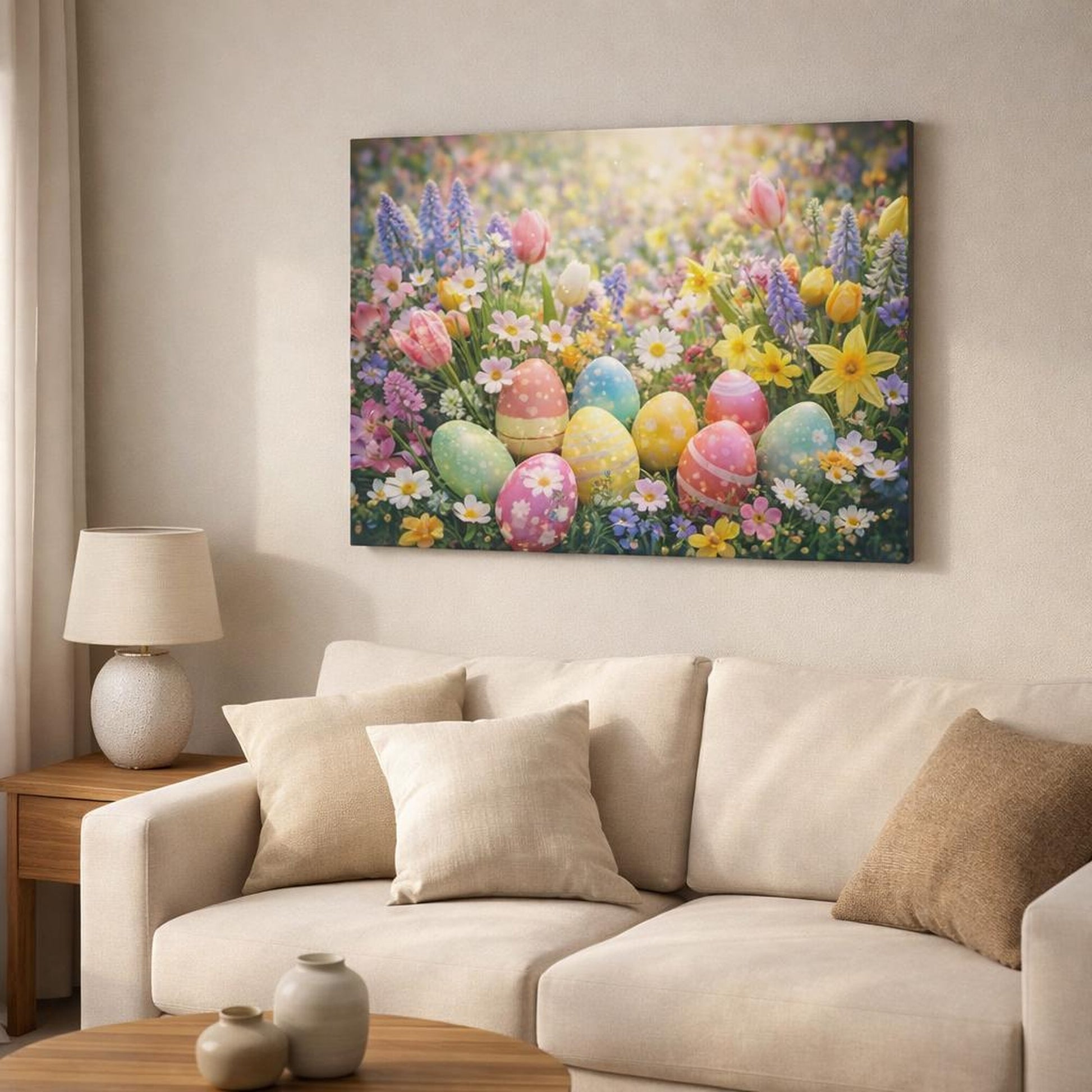 Floral Easter Eggs Colorful Easter Spring shown as canvas wall art in a modern living room