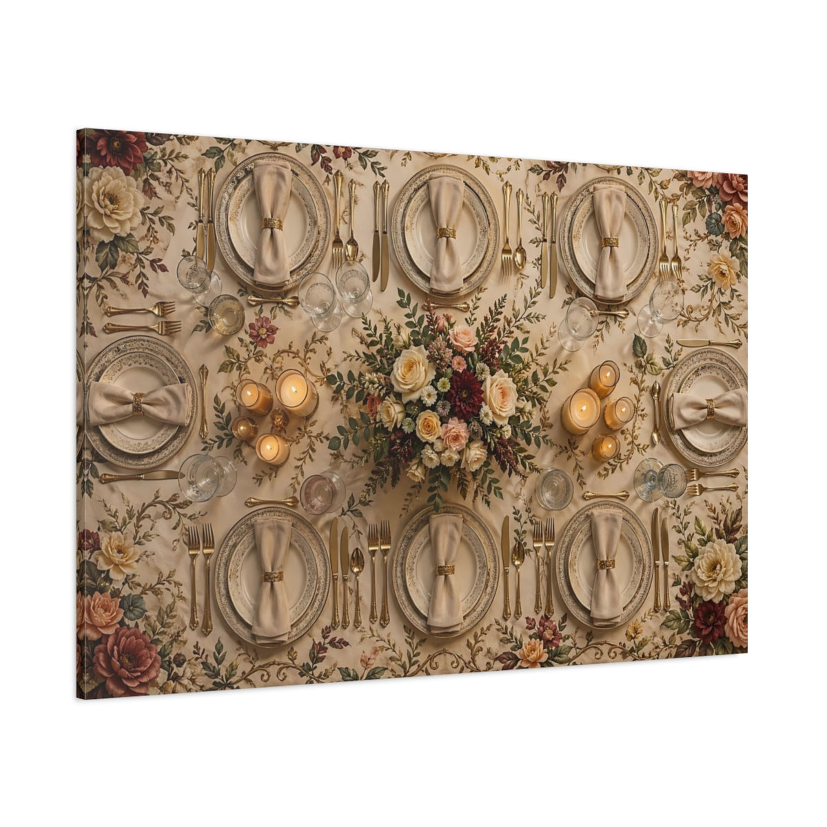Side Mockup 1. Floral Elegant Dining Cream Gold Floral shown as stretched canvas wall art