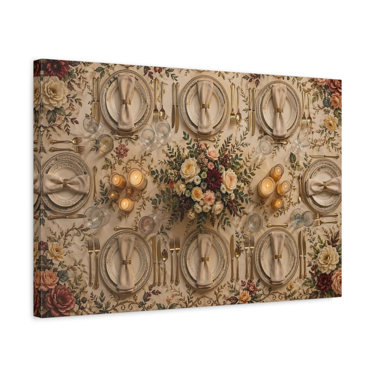 Side Mockup 3. Floral Elegant Dining Cream Gold Floral shown as stretched canvas wall art