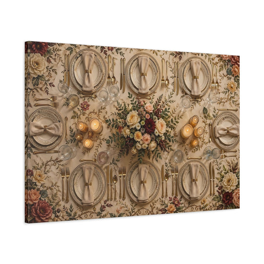 Main Mockup. Floral Elegant Dining Cream Gold Floral shown as stretched canvas wall art