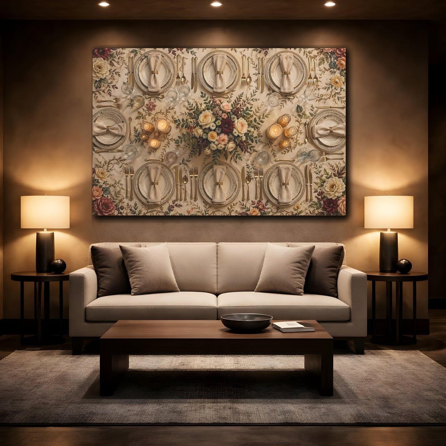 Mockup 2. Floral Elegant Dining Cream Gold Floral shown as stretched canvas wall art