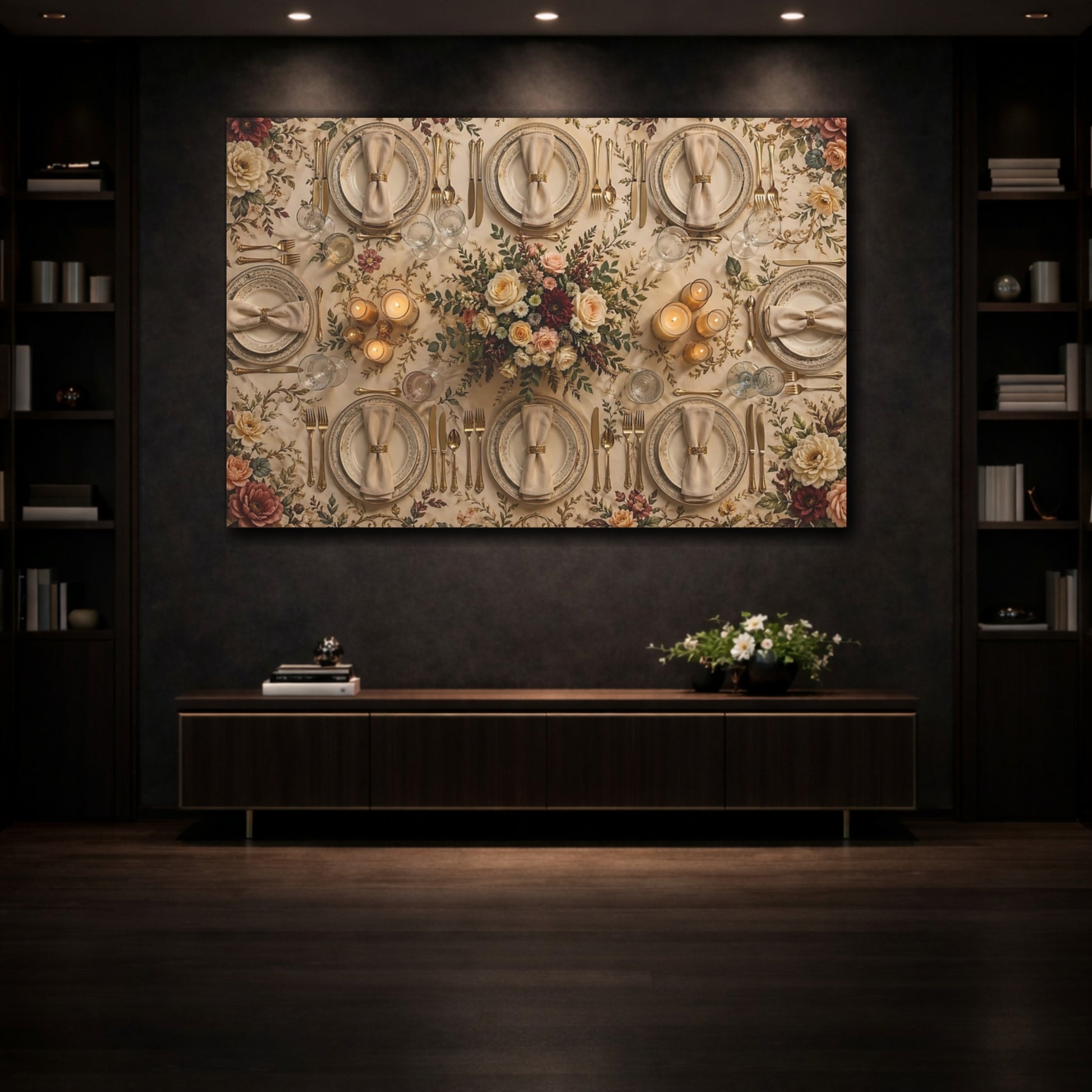 Mockup 3. Floral Elegant Dining Cream Gold Floral shown as stretched canvas wall art