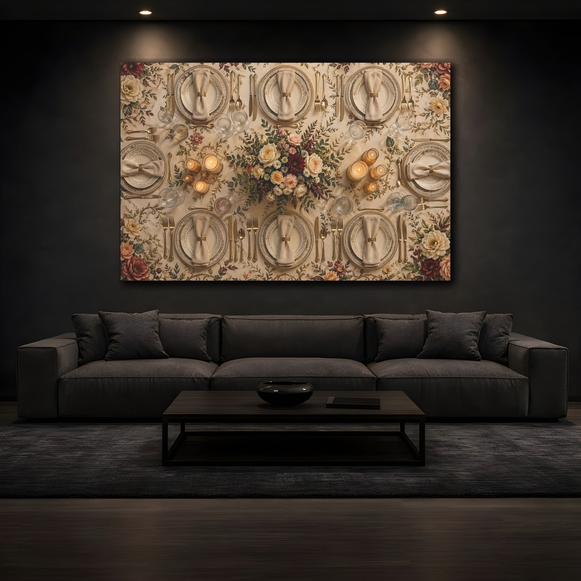 Mockup 4. Floral Elegant Dining Cream Gold Floral shown as stretched canvas wall art