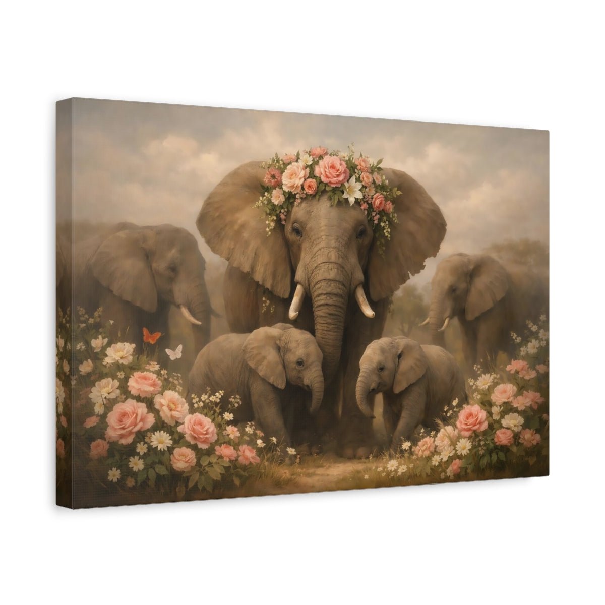 Floral Elephant Family Animals - Canvas Wall Art Print - YesArtYes