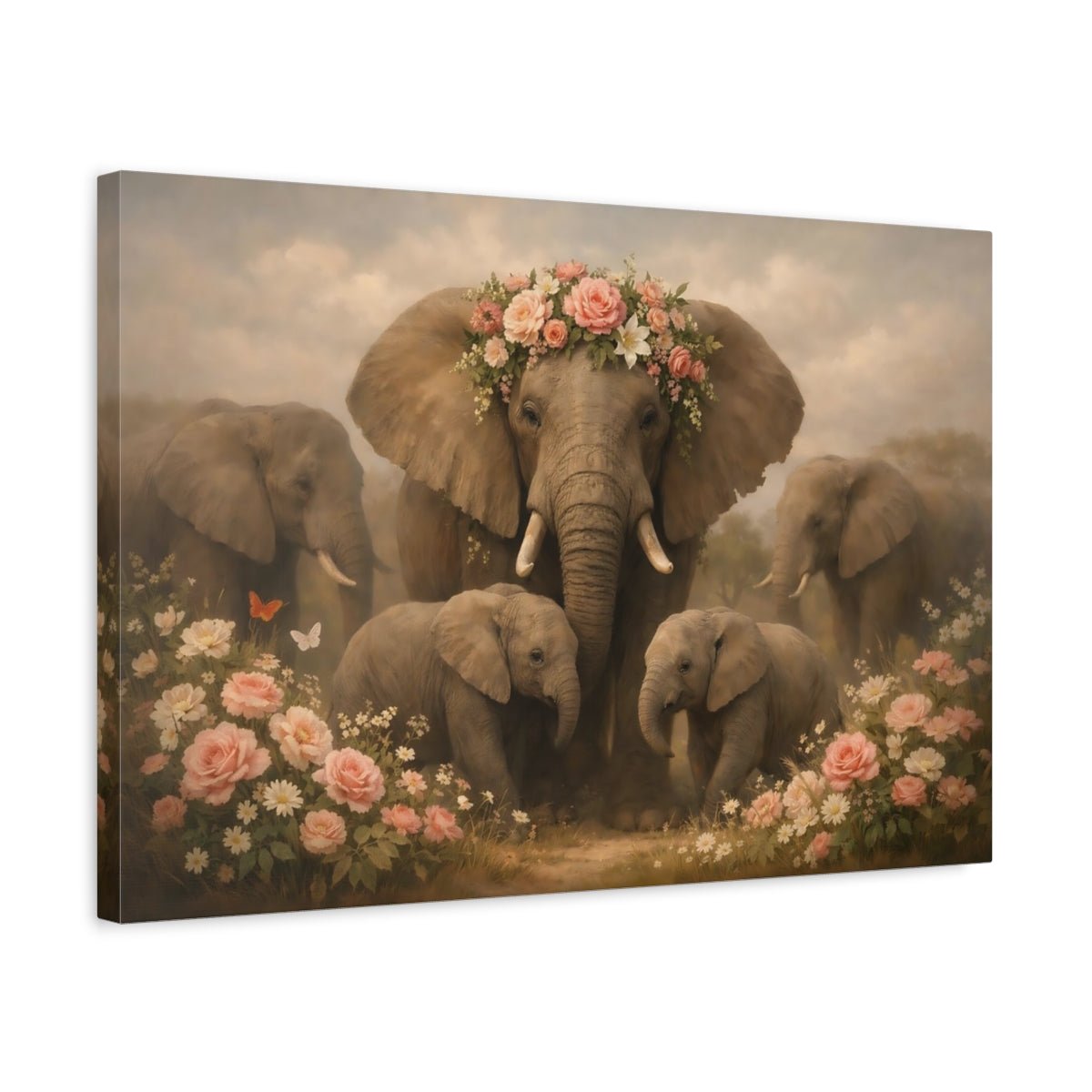 Floral Elephant Family Animals - Canvas Wall Art Print - YesArtYes