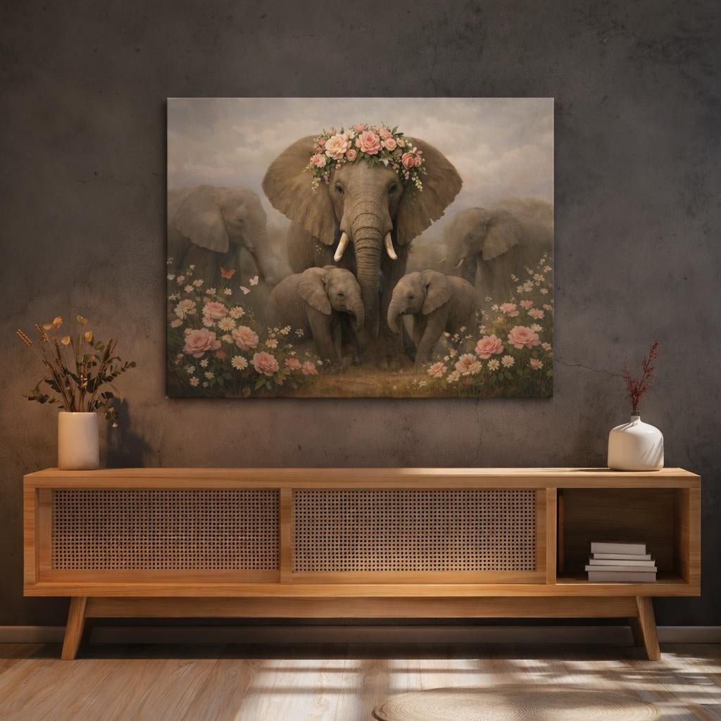 Floral Elephant Family Animals - Canvas Wall Art Print - YesArtYes