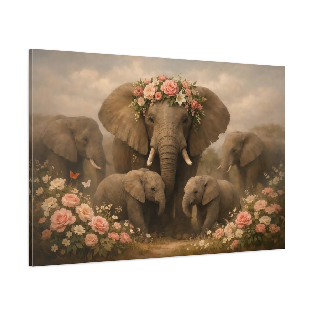 Floral Elephant Family Animals - Canvas Wall Art Print - YesArtYes