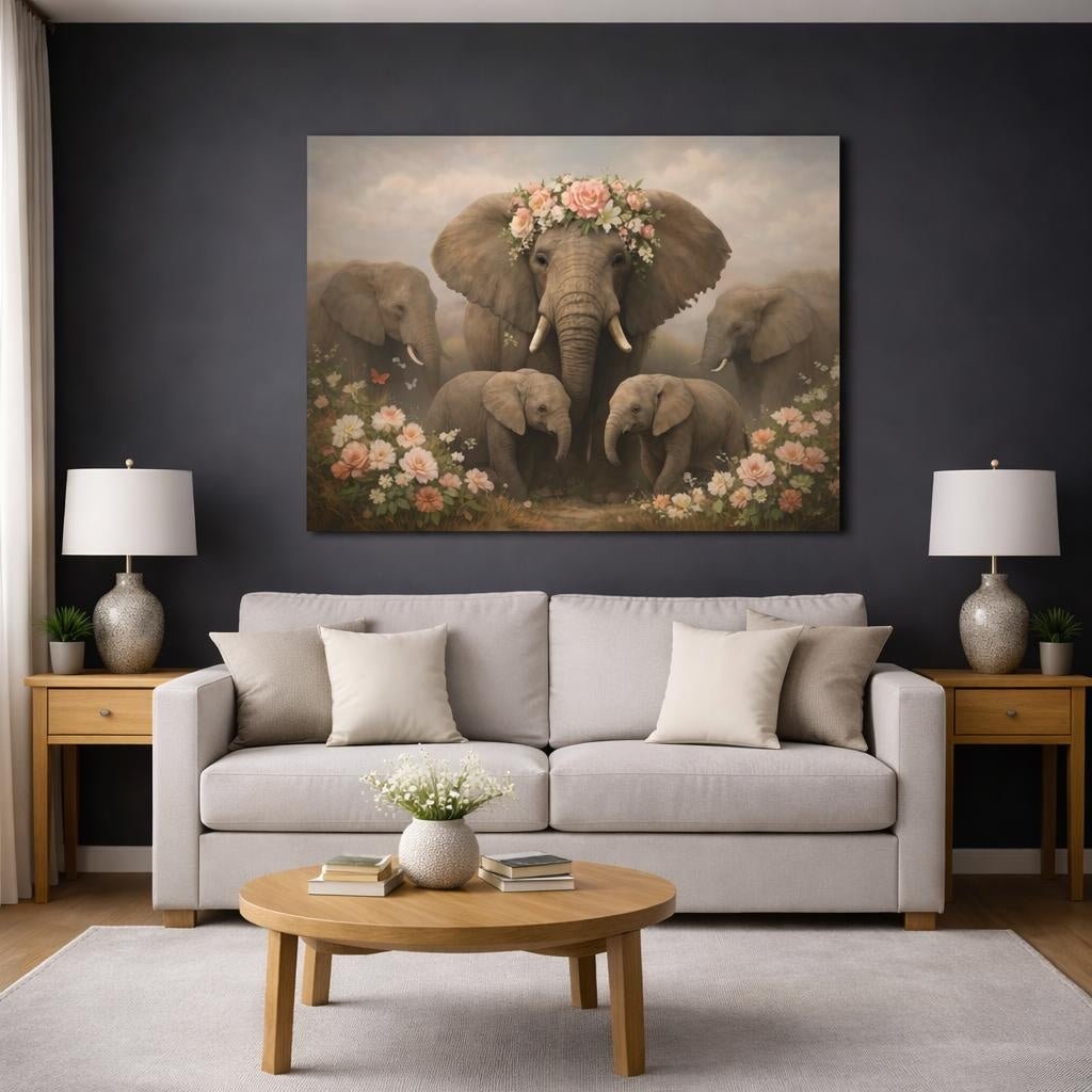 Floral Elephant Family Animals - Canvas Wall Art Print - YesArtYes